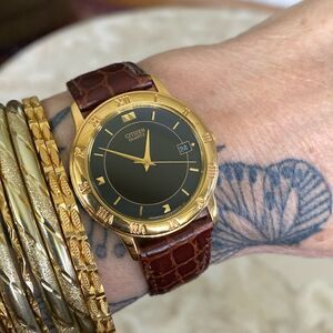 CITIZEN Quartz Watch Gold Tone Case Black Dial Original Croc Embossed Strap